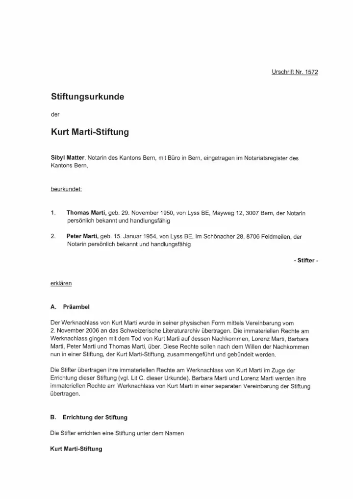 Vorschau: Stiftungsurkunde
